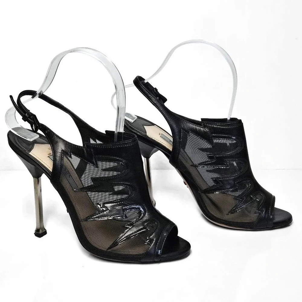 PRADA Black Leather Lightning Bolt Mesh Accents‎ Slingback Pumps Size 6.5 | 37